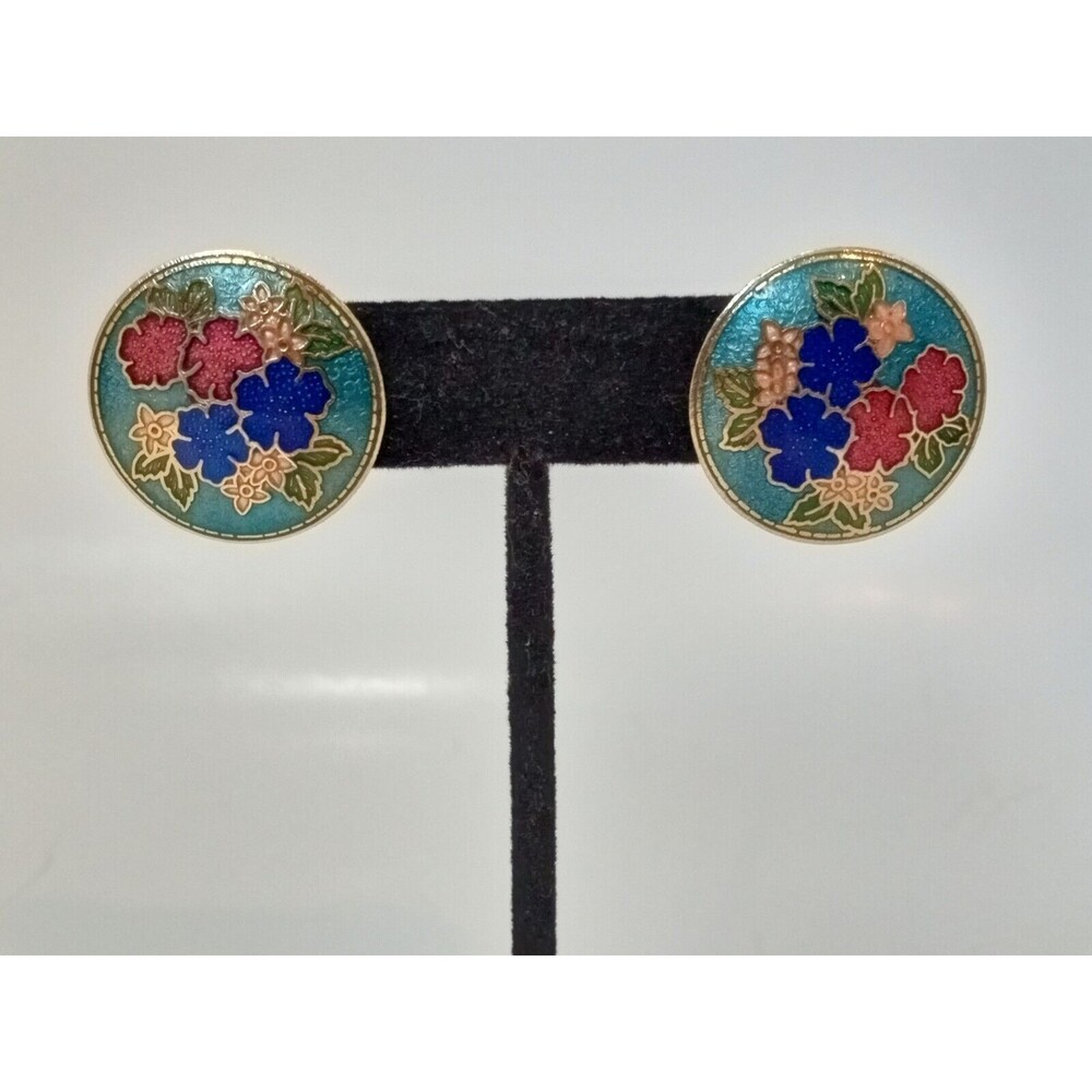 Cloissane Blue and Red Vintage Floral Earrings